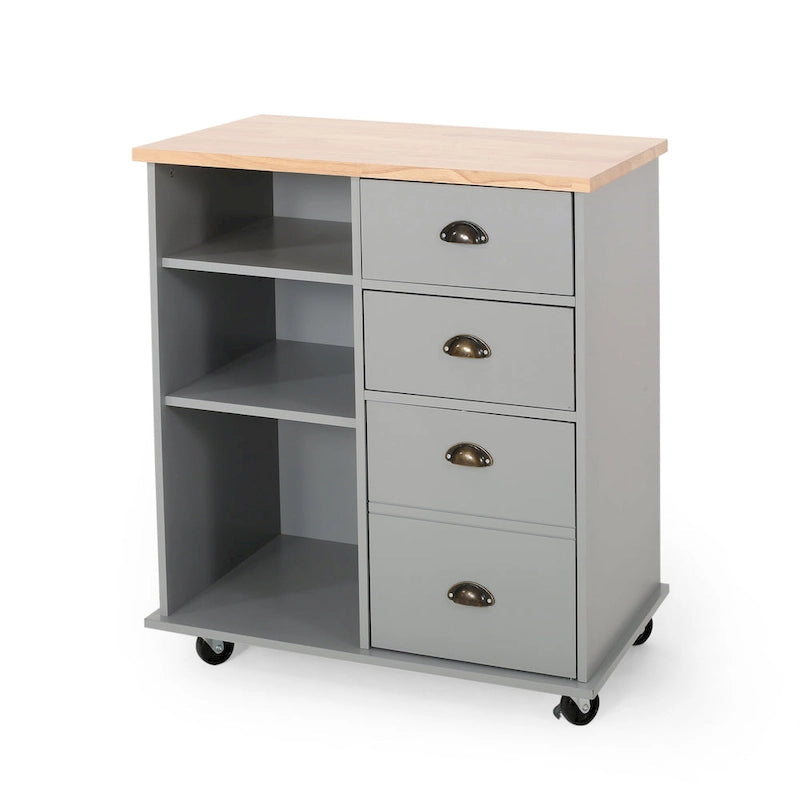 Kitchen Cart with Rubberwood Top, Cabinet Storage, Two Drawers, Three Open Shelves and Lockable Rolling Casters