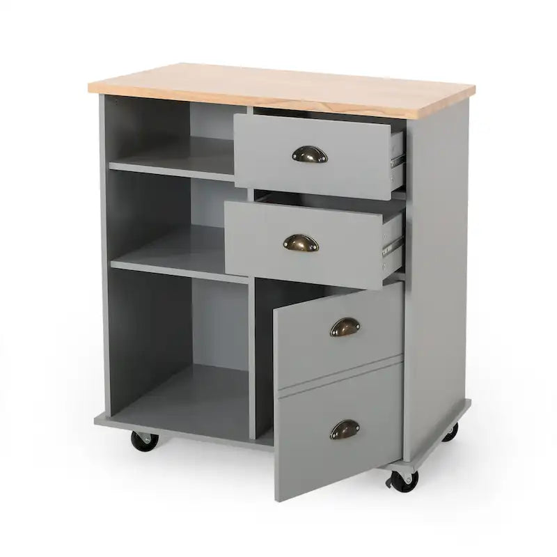 Kitchen Cart with Rubberwood Top, Cabinet Storage, Two Drawers, Three Open Shelves and Lockable Rolling Casters