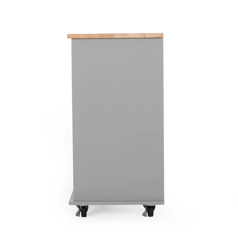 Kitchen Cart with Rubberwood Top, Cabinet Storage, Two Drawers, Three Open Shelves and Lockable Rolling Casters