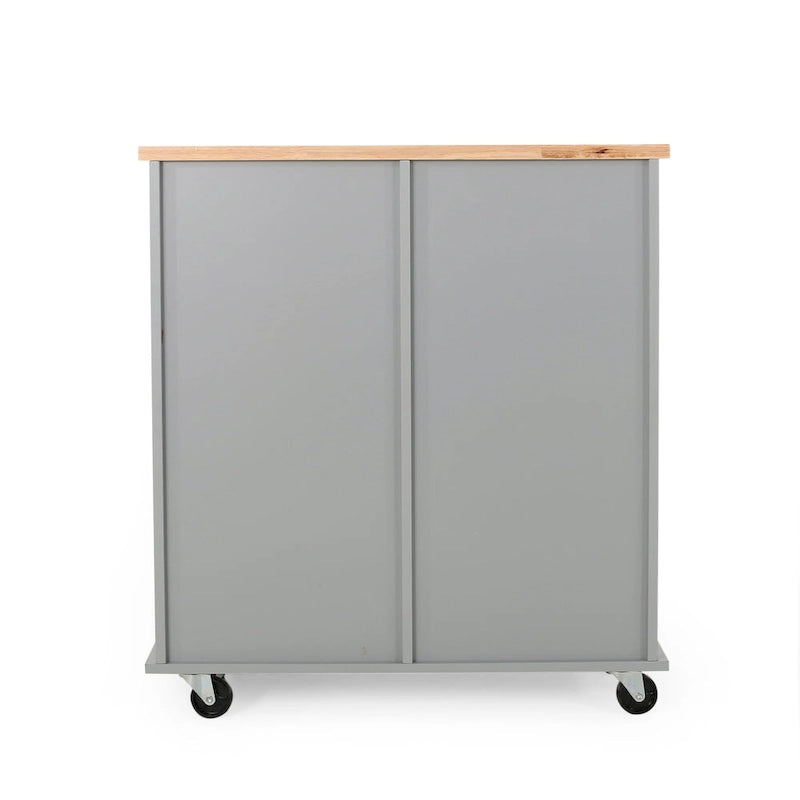 Kitchen Cart with Rubberwood Top, Cabinet Storage, Two Drawers, Three Open Shelves and Lockable Rolling Casters