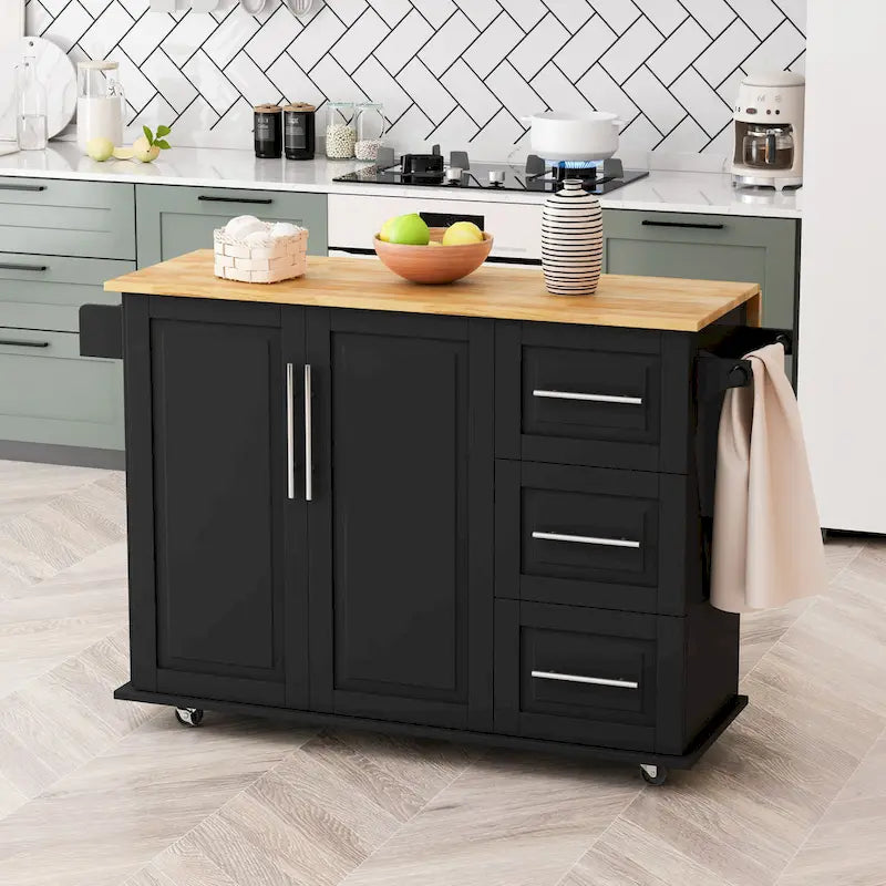 Kitchen Island Cart with 2-Door Cabinet and Three Drawers