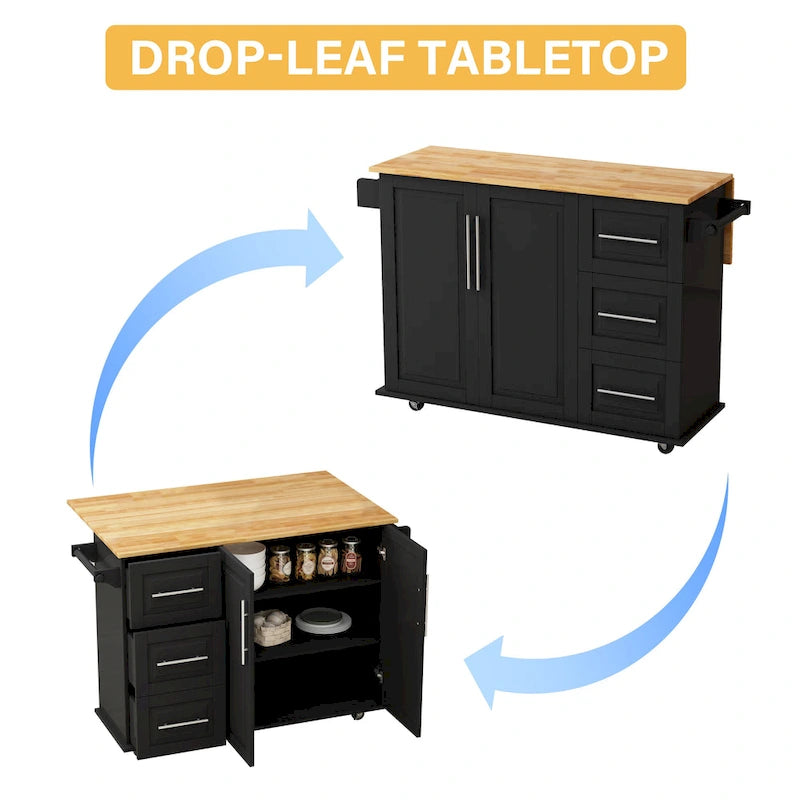 Kitchen Island Cart with 2-Door Cabinet and Three Drawers