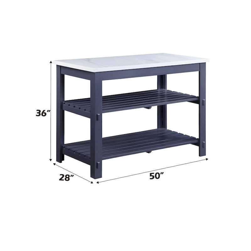 Gray Marble Top Kitchen Island with Open Storage Shelves