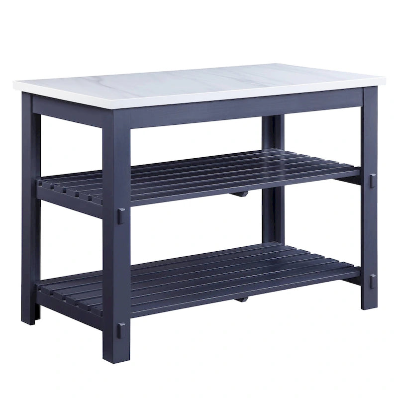 Gray Marble Top Kitchen Island with Open Storage Shelves