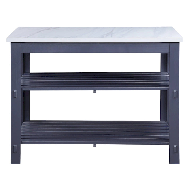 Gray Marble Top Kitchen Island with Open Storage Shelves
