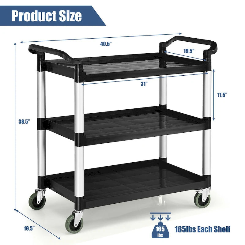 3-Shelf Utility Service Cart with Aluminum Frame and 490 lbs Capacity