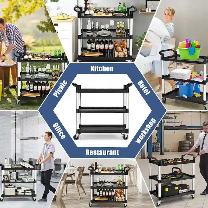 3-Shelf Utility Service Cart with Aluminum Frame and 490 lbs Capacity