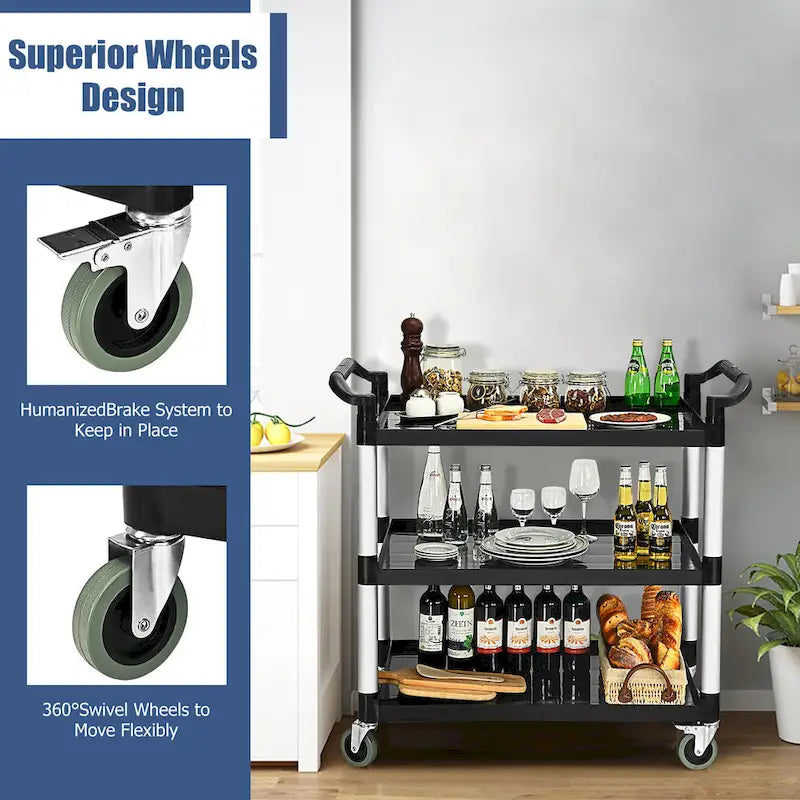 3-Shelf Utility Service Cart with Aluminum Frame and 490 lbs Capacity