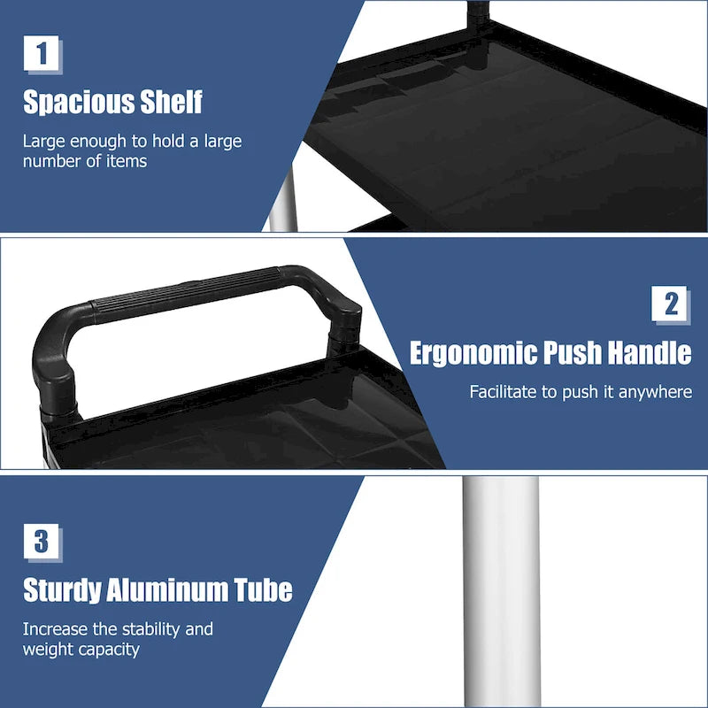 3-Shelf Utility Service Cart with Aluminum Frame and 490 lbs Capacity
