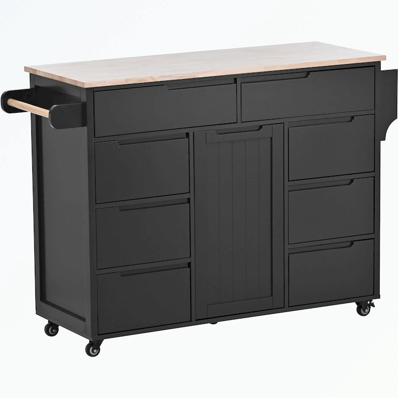 Kitchen Cart with Rubber Wood Countertop and 8 Drawers