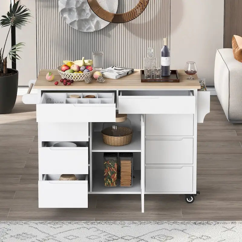 Kitchen Cart with Rubber Wood Countertop and 8 Drawers
