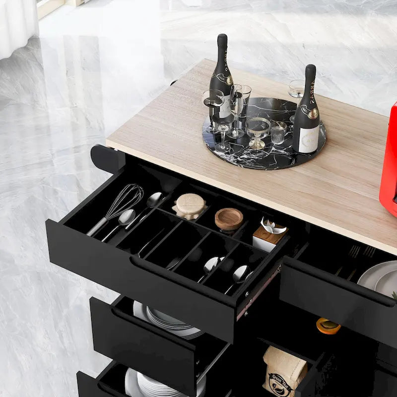 Kitchen Cart with Rubber Wood Countertop and 8 Drawers