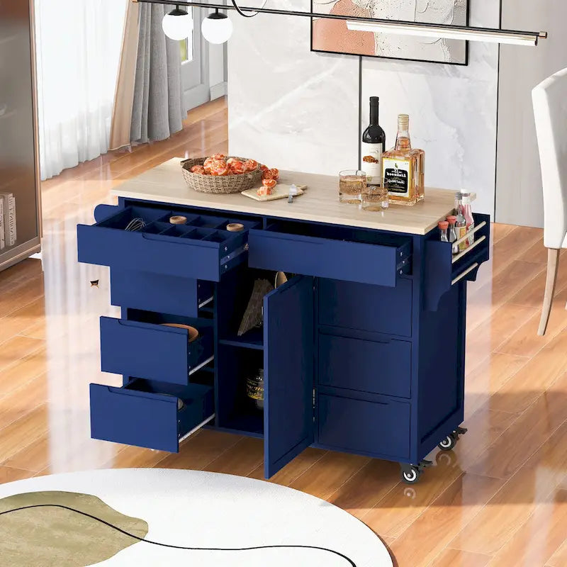 Kitchen Cart with Rubber Wood Countertop and 8 Drawers