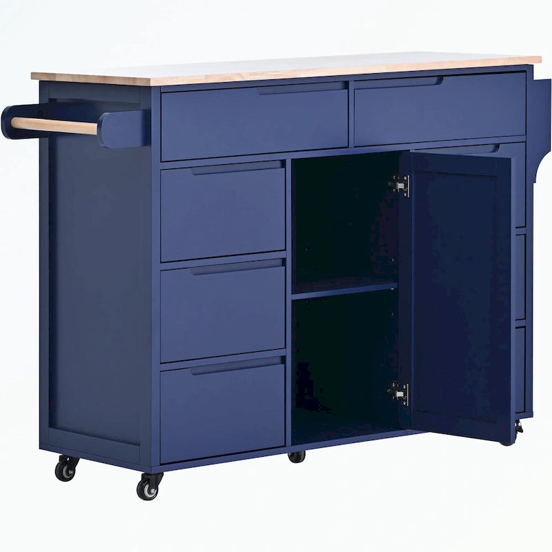 Kitchen Cart with Rubber Wood Countertop and 8 Drawers