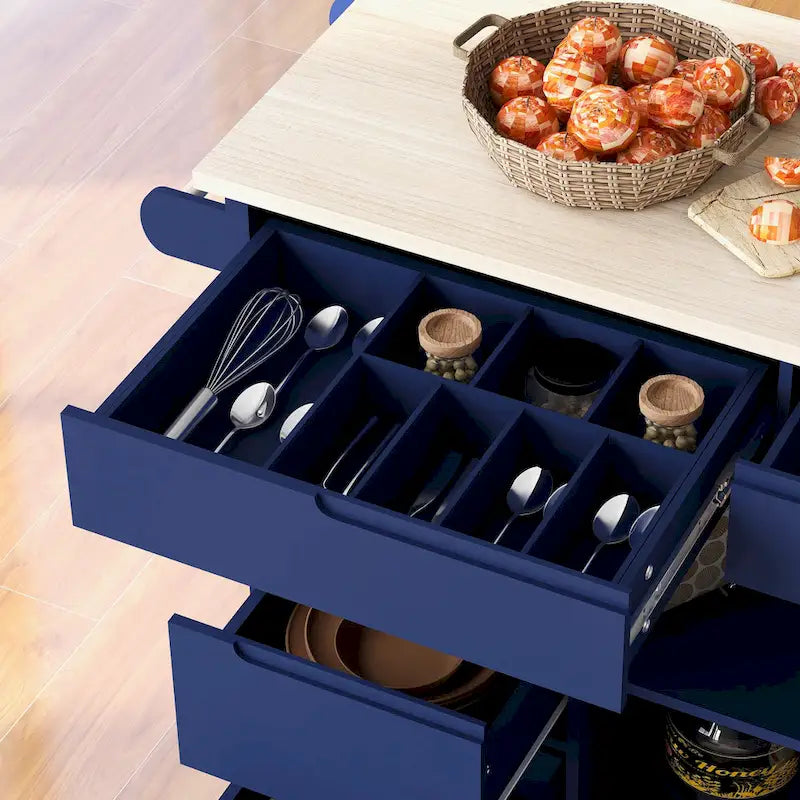 Kitchen Cart with Rubber Wood Countertop and 8 Drawers