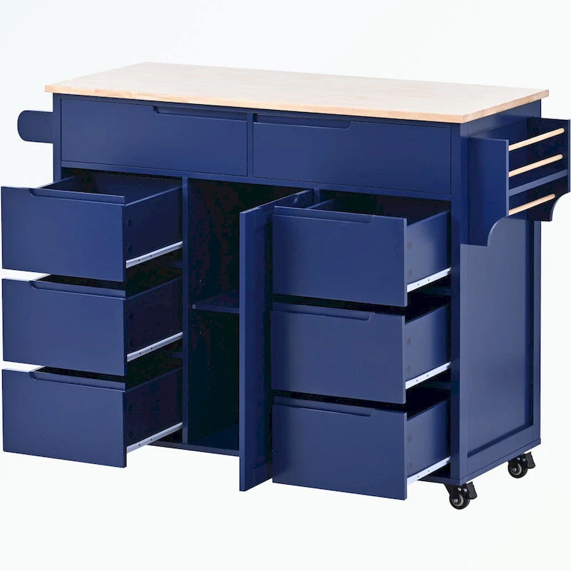 Kitchen Cart with Rubber Wood Countertop and 8 Drawers