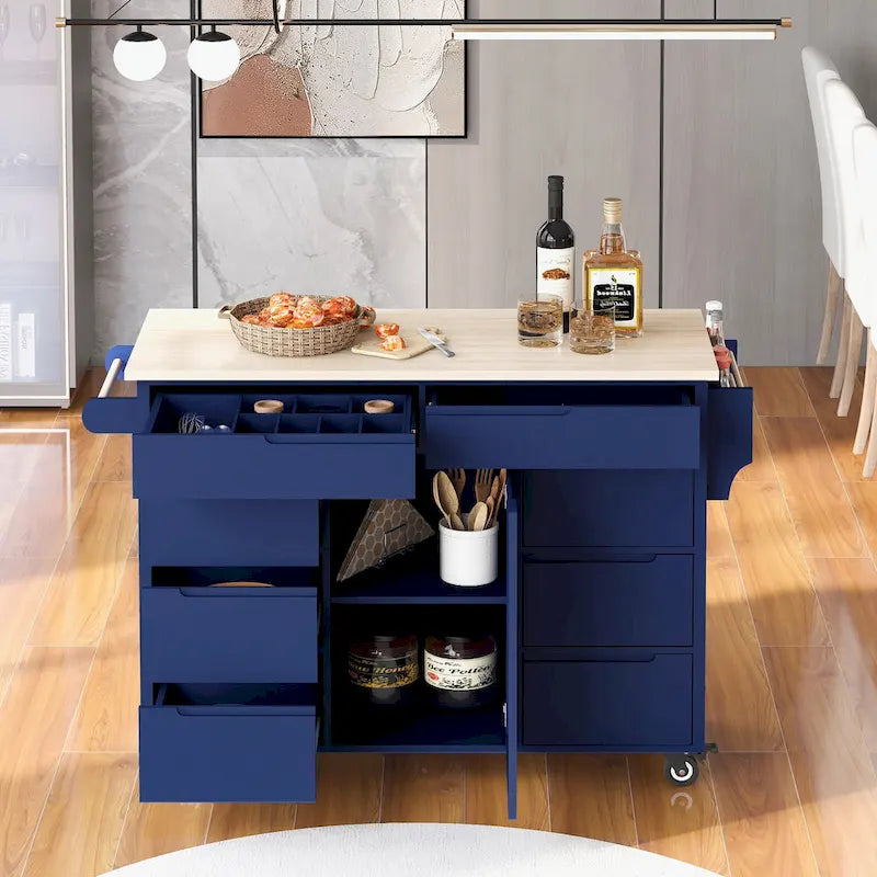 Kitchen Cart with Rubber Wood Countertop and 8 Drawers