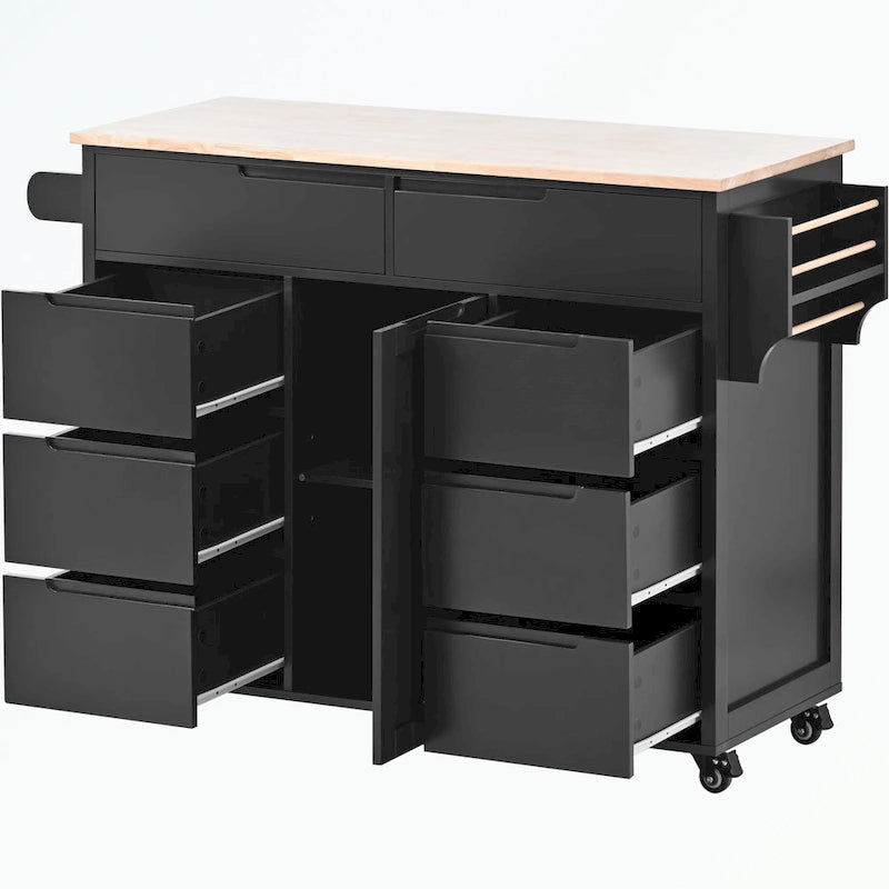 Kitchen Cart with Rubber Wood Countertop and 8 Drawers