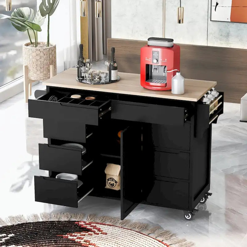 Kitchen Cart with Rubber Wood Countertop and 8 Drawers