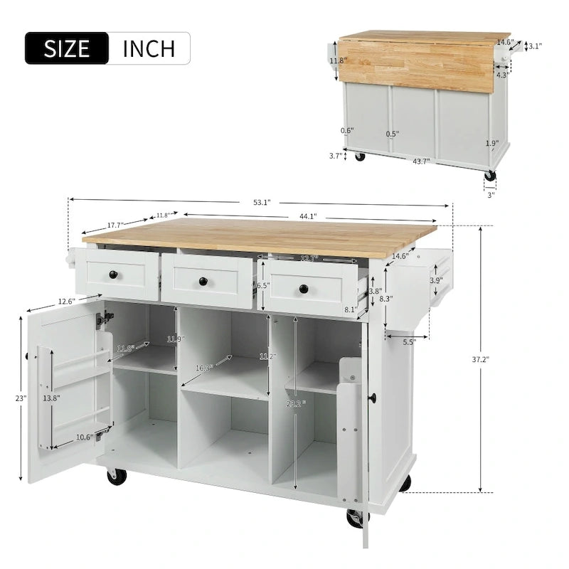 White Kitchen Island on 5 Wheels with Storage Cabinet and 3 Drawers
