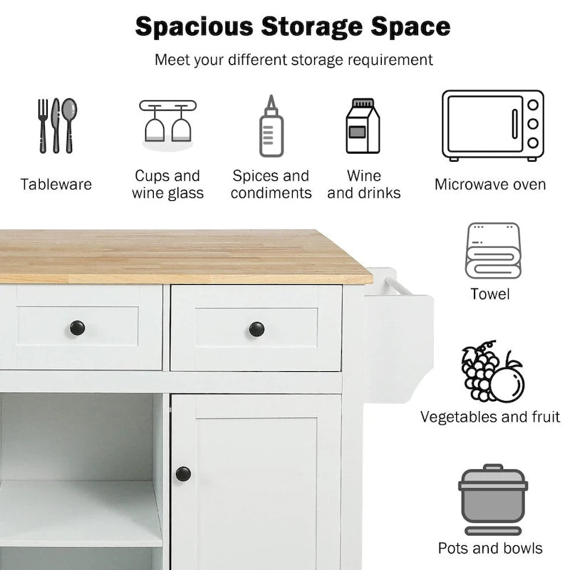 White Kitchen Island on 5 Wheels with Storage Cabinet and 3 Drawers