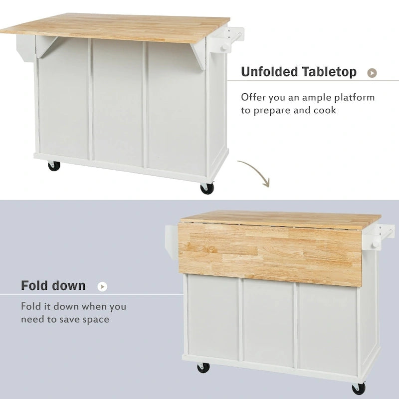 White Kitchen Island on 5 Wheels with Storage Cabinet and 3 Drawers