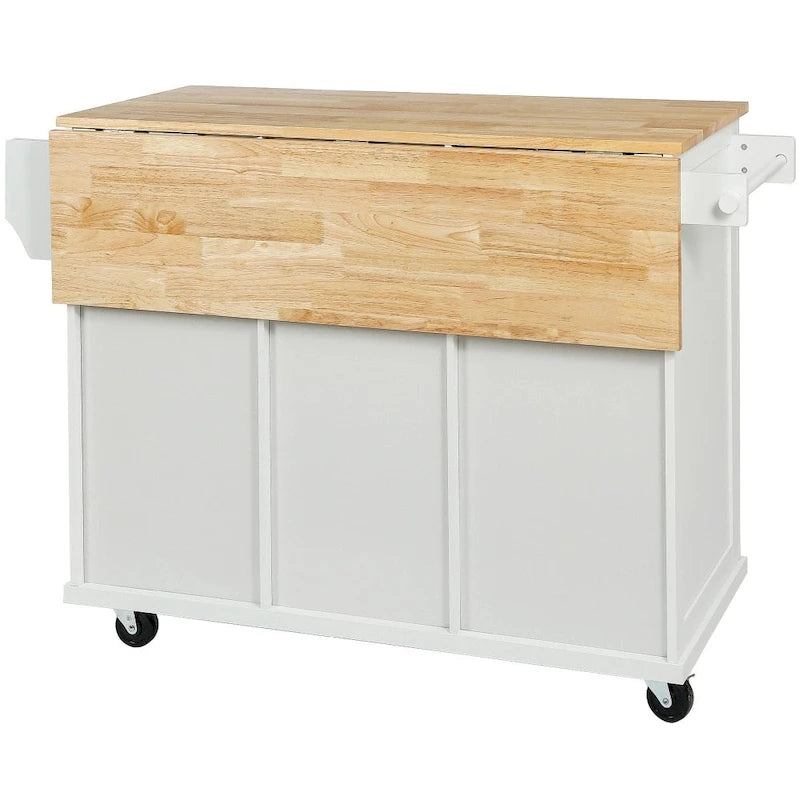 White Kitchen Island on 5 Wheels with Storage Cabinet and 3 Drawers