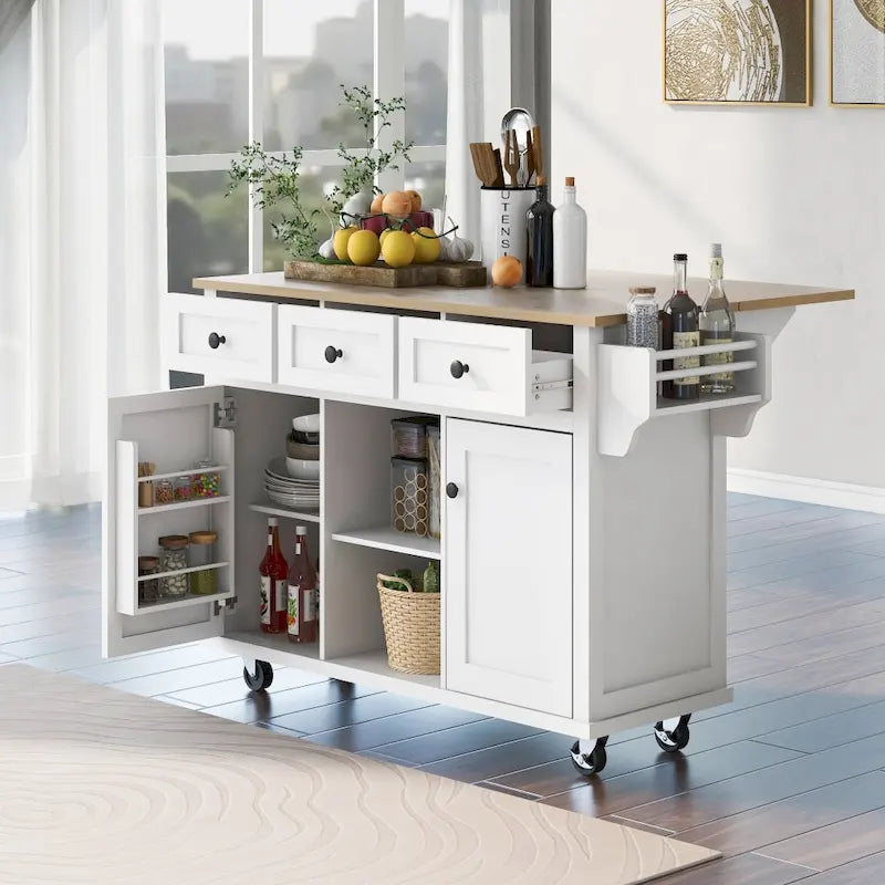 White Kitchen Island on 5 Wheels with Storage Cabinet and 3 Drawers