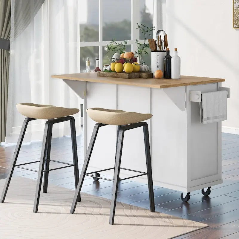 White Kitchen Island on 5 Wheels with Storage Cabinet and 3 Drawers
