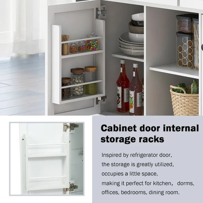 White Kitchen Island on 5 Wheels with Storage Cabinet and 3 Drawers