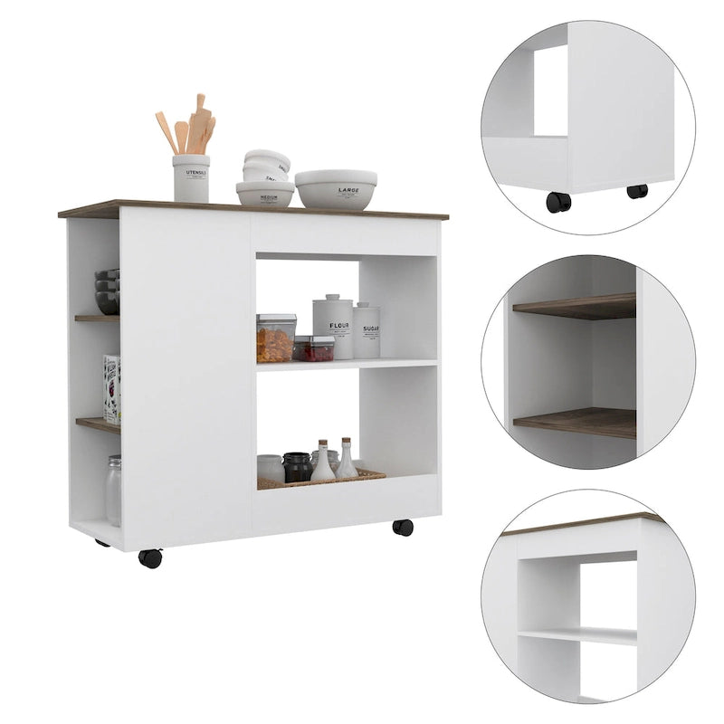 Kitchen Cart with 2 Storage Shelves, 3 Side Shelves, and 4 Casters