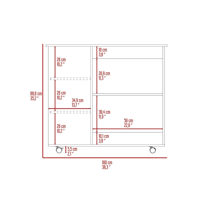 Kitchen Cart with 2 Storage Shelves, 3 Side Shelves, and 4 Casters
