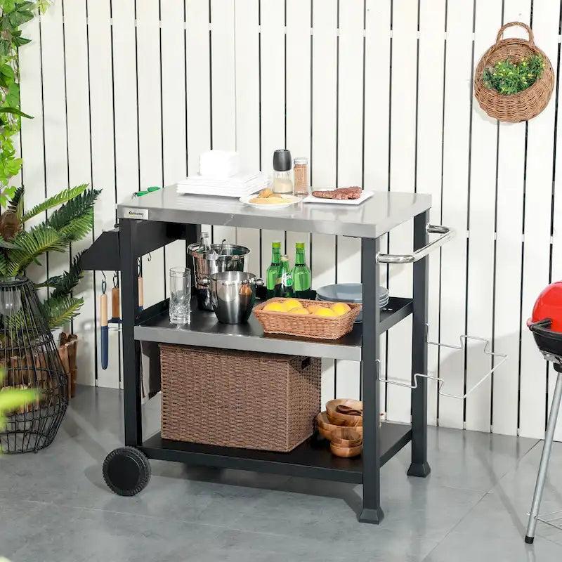 Three-Shelf Outdoor Grill Cart with Stainless Steel Tabletop and Side Handle Multifunctional Pizza Oven Stand