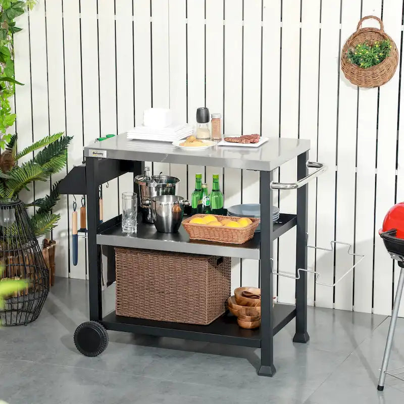 Outsunny Three-Shelf Outdoor Grill Cart with Stainless Steel Tabletop, Side Handle, 32 x 20.5 Multifunctional Pizza Oven Stand