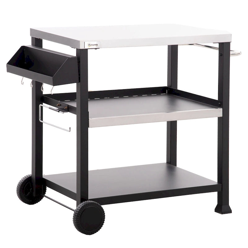 Three-Shelf Outdoor Grill Cart with Stainless Steel Tabletop and Side Handle Multifunctional Pizza Oven Stand