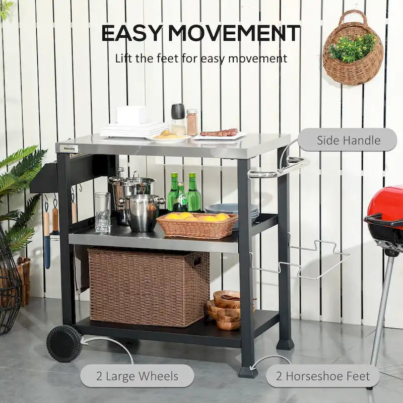 Three-Shelf Outdoor Grill Cart with Stainless Steel Tabletop and Side Handle Multifunctional Pizza Oven Stand