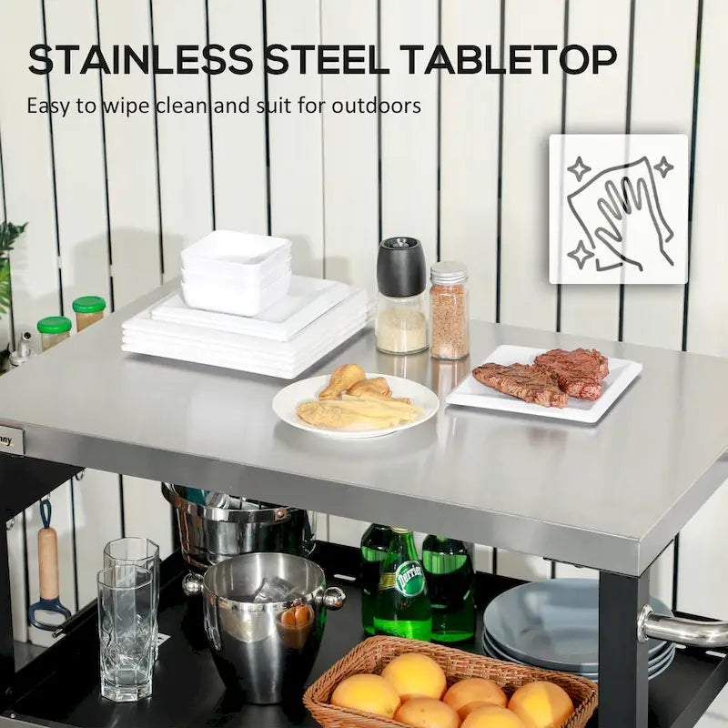 Three-Shelf Outdoor Grill Cart with Stainless Steel Tabletop and Side Handle Multifunctional Pizza Oven Stand