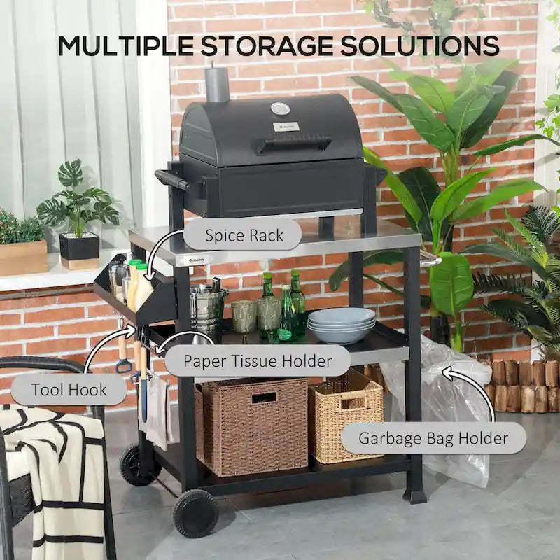 Three-Shelf Outdoor Grill Cart with Stainless Steel Tabletop and Side Handle Multifunctional Pizza Oven Stand