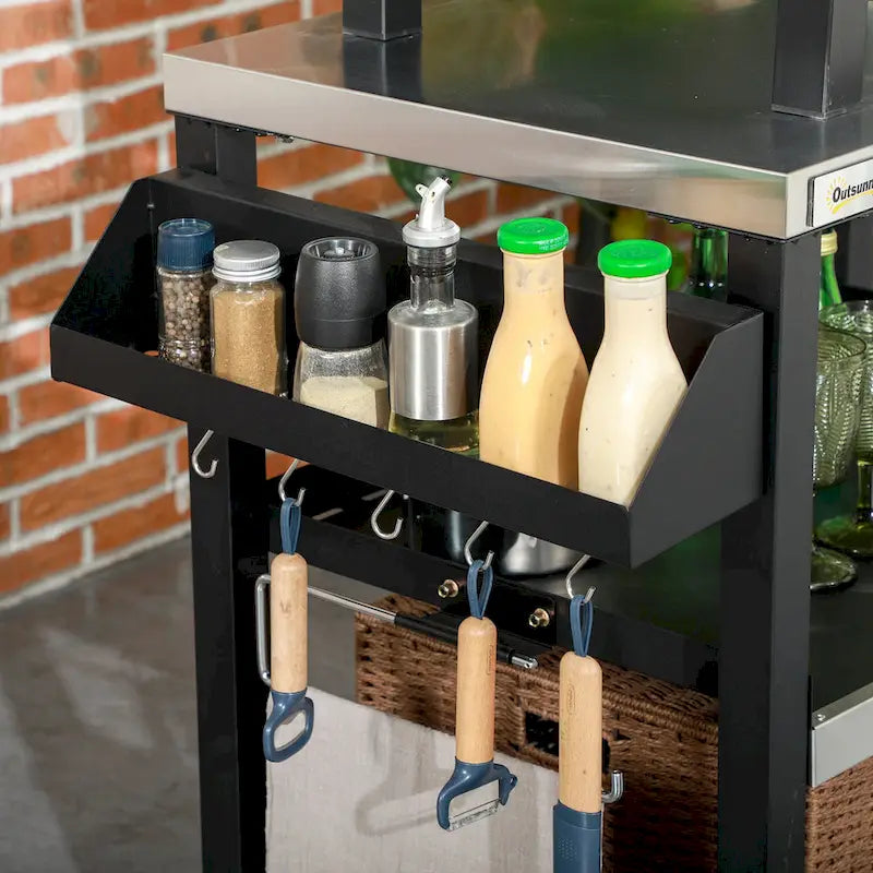 Three-Shelf Outdoor Grill Cart with Stainless Steel Tabletop and Side Handle Multifunctional Pizza Oven Stand