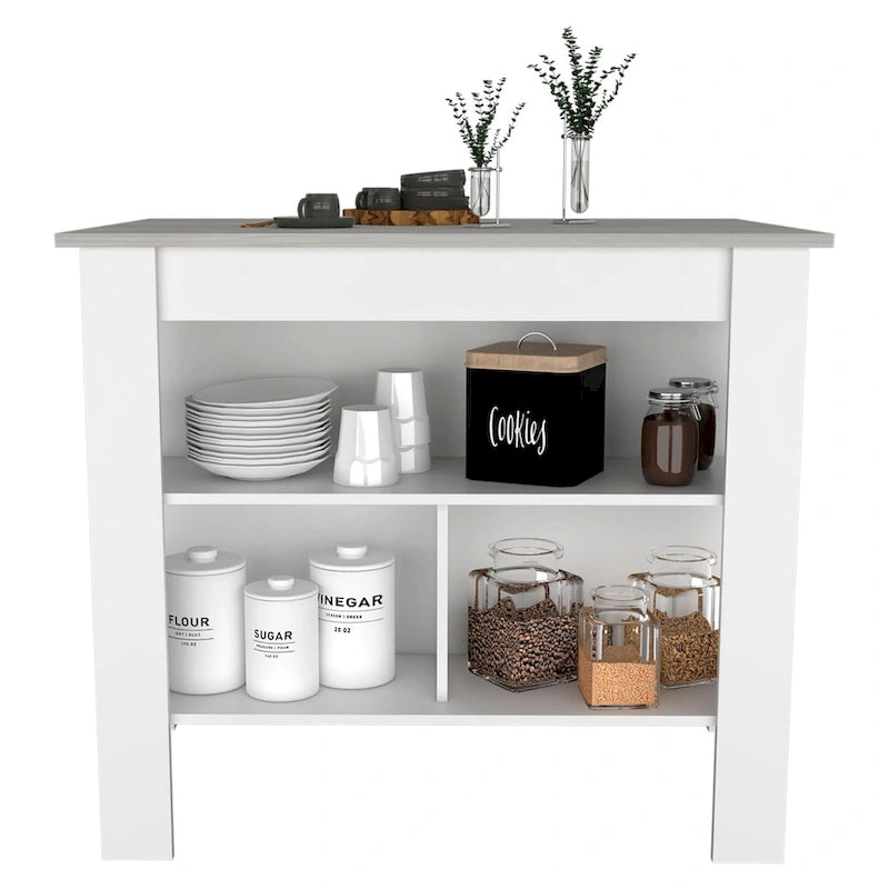Marble and White Kitchen Island with Three Storage Shelves Wood Top