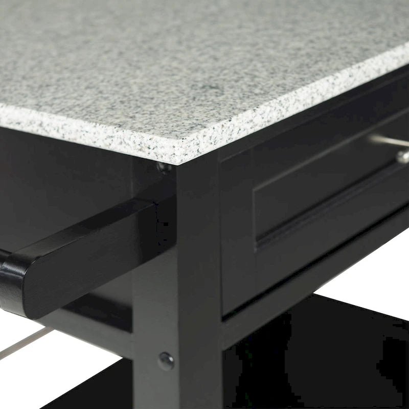 Black Wood Granite Top Kitchen Cart with Storage Drawer and Wheels