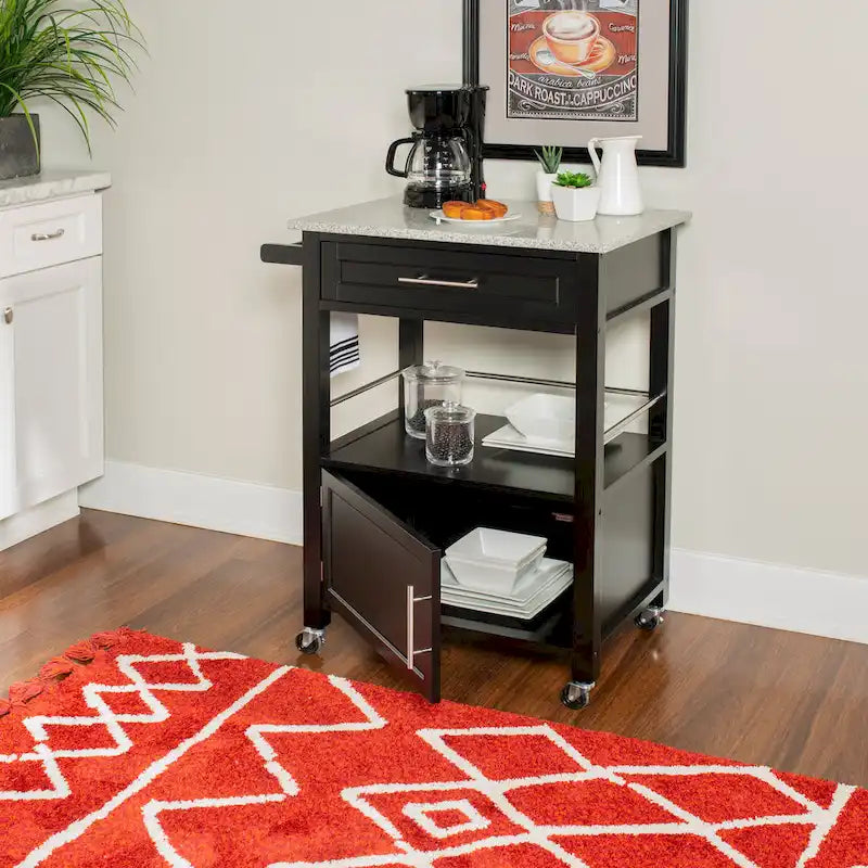 Black Wood Granite Top Kitchen Cart with Storage Drawer and Wheels