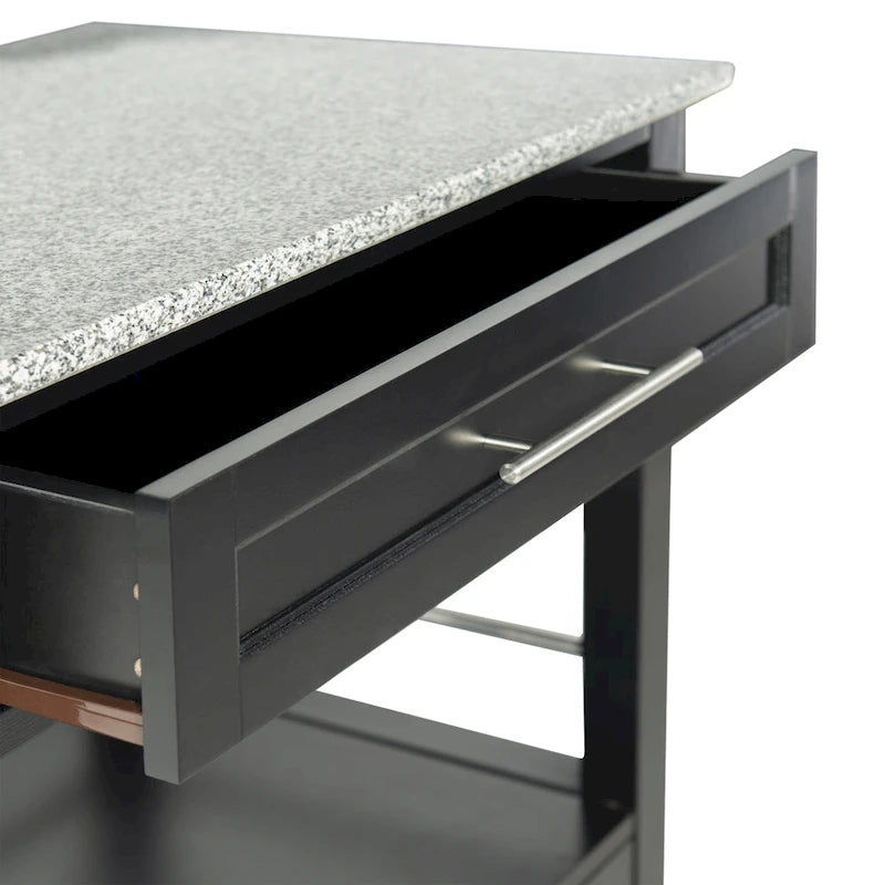 Black Wood Granite Top Kitchen Cart with Storage Drawer and Wheels