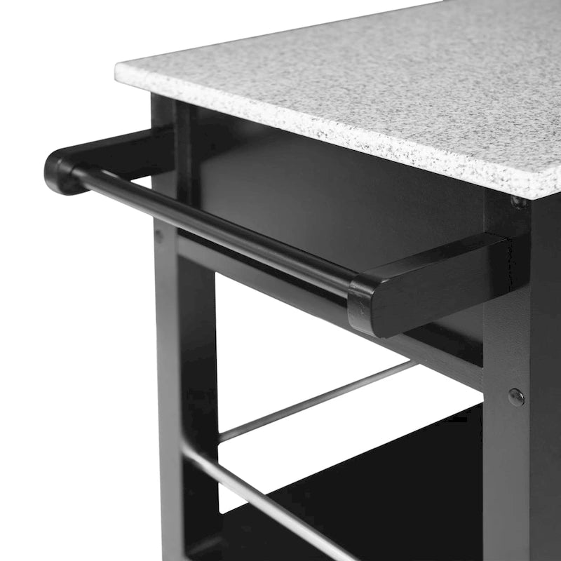 Black Wood Granite Top Kitchen Cart with Storage Drawer and Wheels
