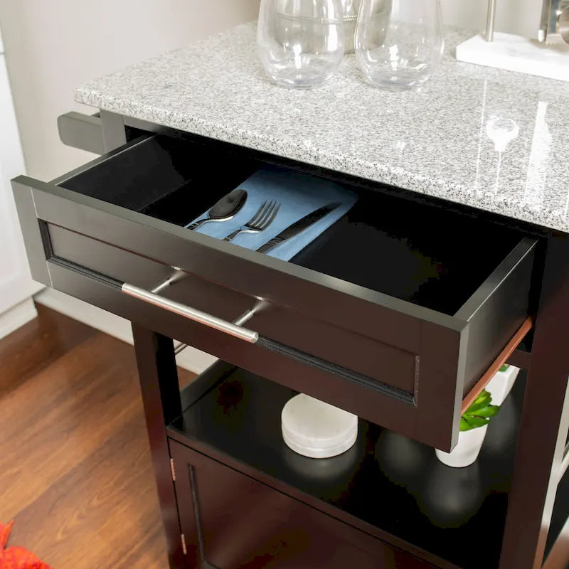 Black Wood Granite Top Kitchen Cart with Storage Drawer and Wheels