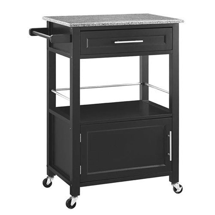 Black Wood Granite Top Kitchen Cart with Storage Drawer and Wheels