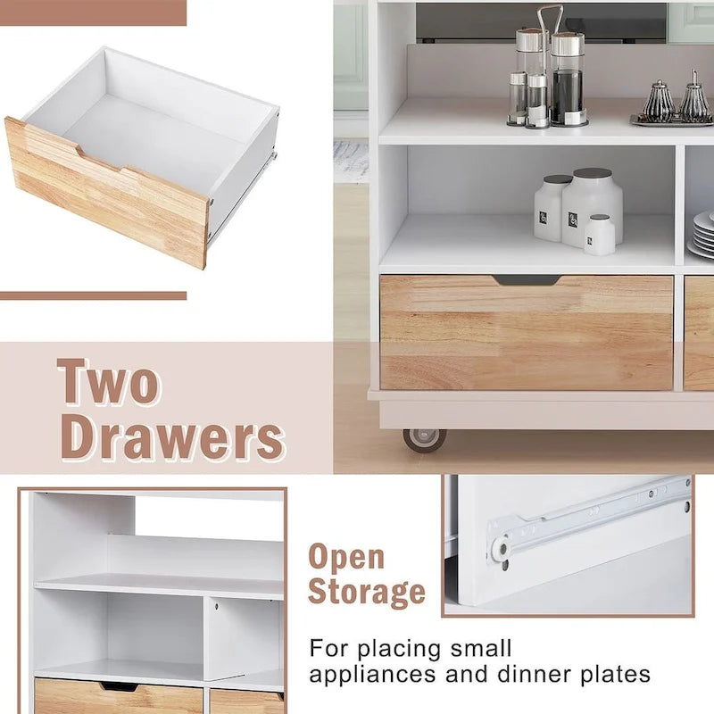Kitchen Island on Wheels with Open Compartments and 2 Drawers
