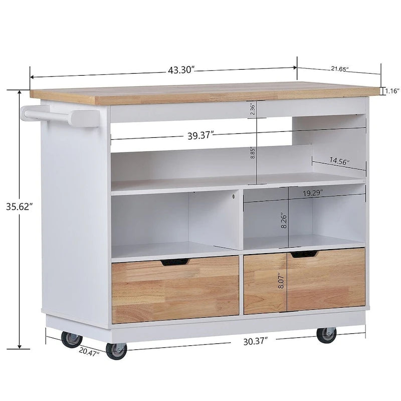 Kitchen Island on Wheels with Open Compartments and 2 Drawers