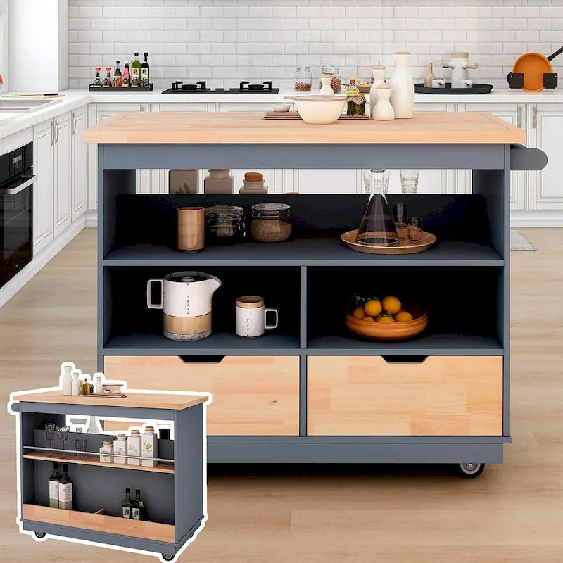 Kitchen Island on Wheels with Open Compartments and 2 Drawers