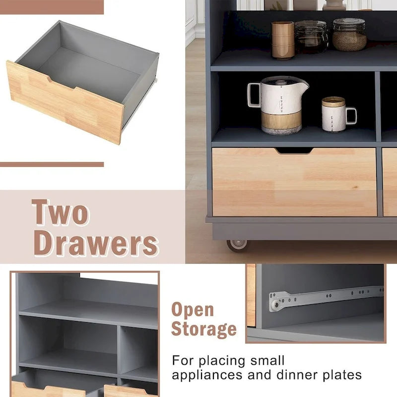 Kitchen Island on Wheels with Open Compartments and 2 Drawers